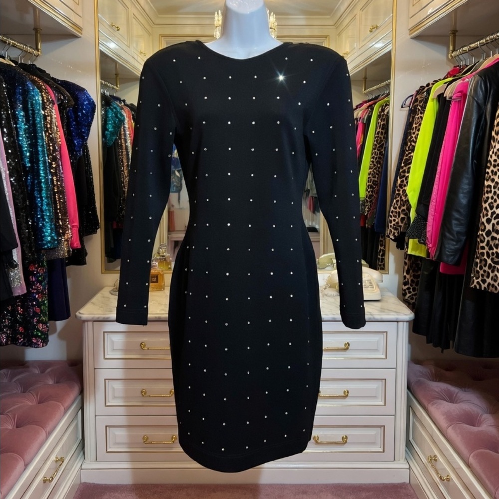 Vintage 80s Tadashi Black Rhinestone bling shoulder pad open back Dress M